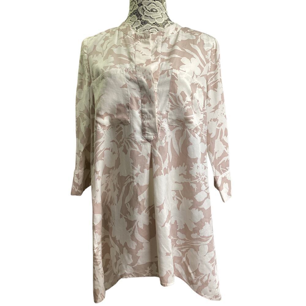Soft Surroundings‎ Roselyn Tunic Blouse Mandarin Collar Cream Tan Medium